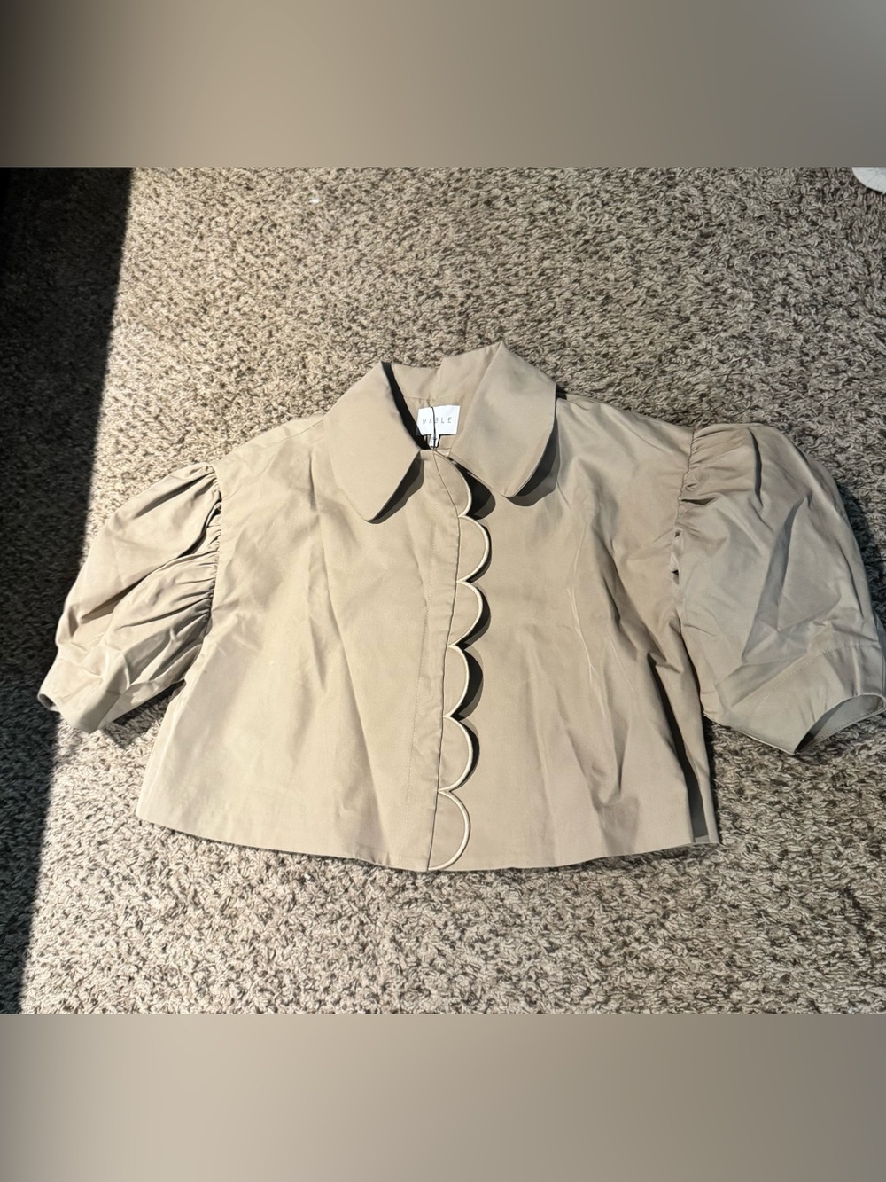 Scalloped-Front Puff Sleeve Button-Down Top in Beige